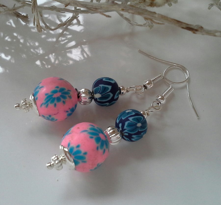 Pretty,  Feminine, Polymer Clay Silver Plated Earrings