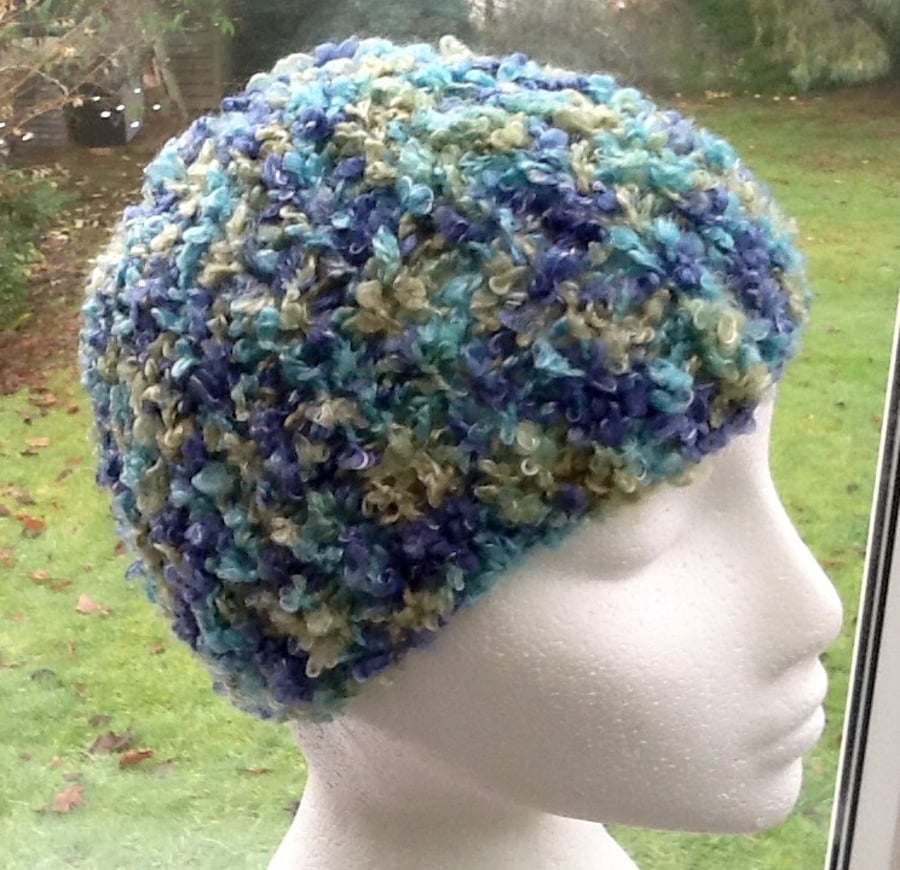 Aqua Tones Beanie!  Hand Knitted Hat.