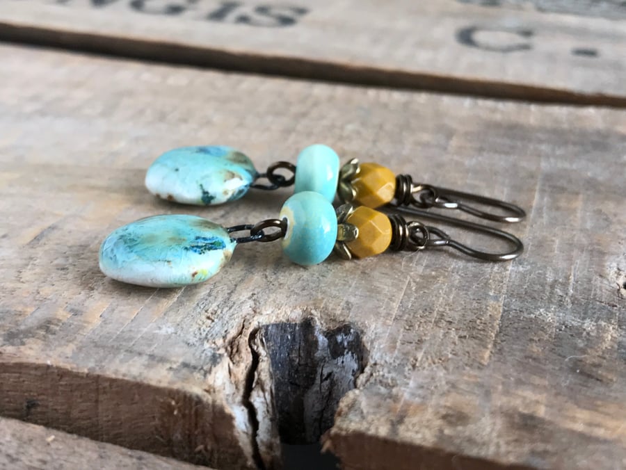 Rustic Yellow & Green Ceramic Dangle Earrings. Artisan Crafted Pottery Jewellery