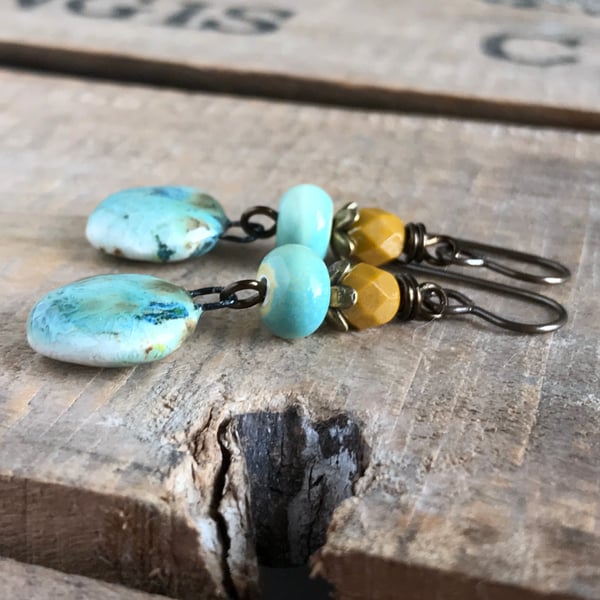 Rustic Yellow & Green Ceramic Dangle Earrings. Artisan Crafted Pottery Jewellery