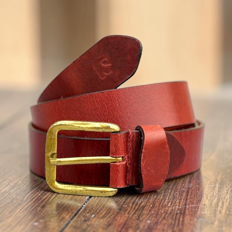Red leather mens belt with golden buckle 1.5 inch