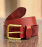 Red leather mens belt with golden buckle 1.5 inch