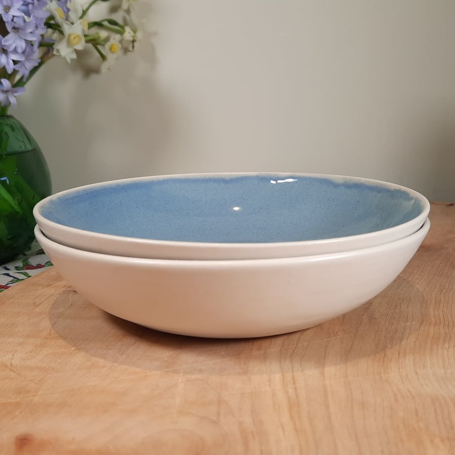 WHEEL THROWN CERAMIC PASTA BOWL - glazed in grey blue and white