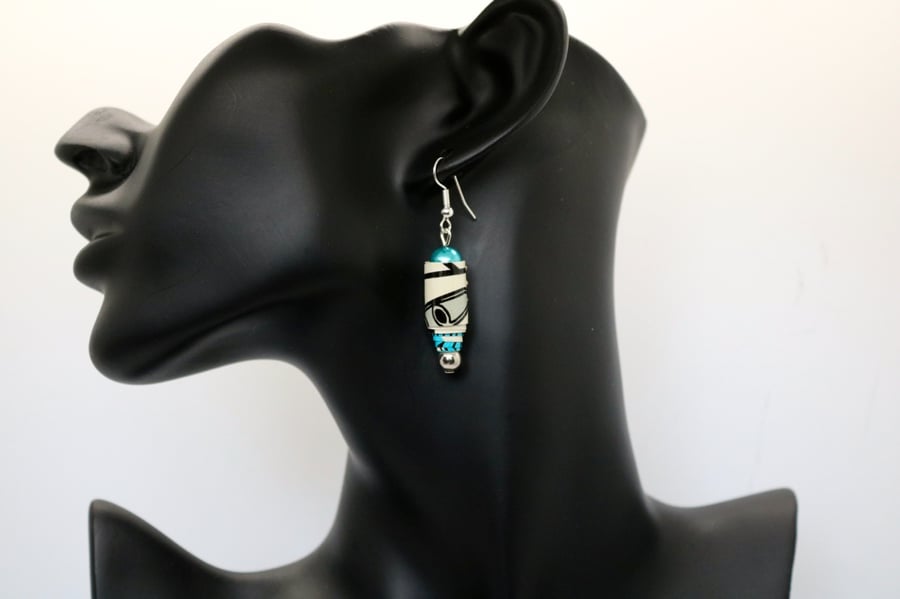 Black, white and blue patterned paper beaded earrings