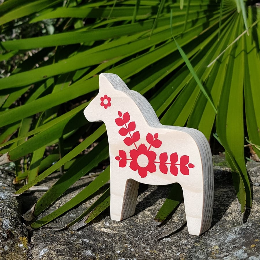 Red Scandi Dala Horse Flowerful Ornament Handmade Wooden Hygge Decor