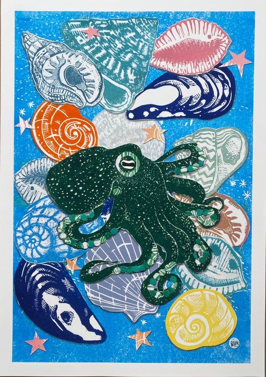 Octopus and shells linoprint collage A3 giclee print