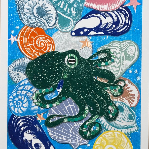 Octopus and shells linoprint collage A3 giclee print