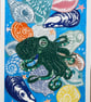Octopus and shells linoprint collage A3 giclee print