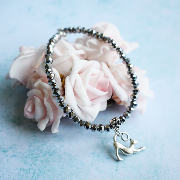 Stretching Yoga Cat Bracelet with Small Silver Glass Beads