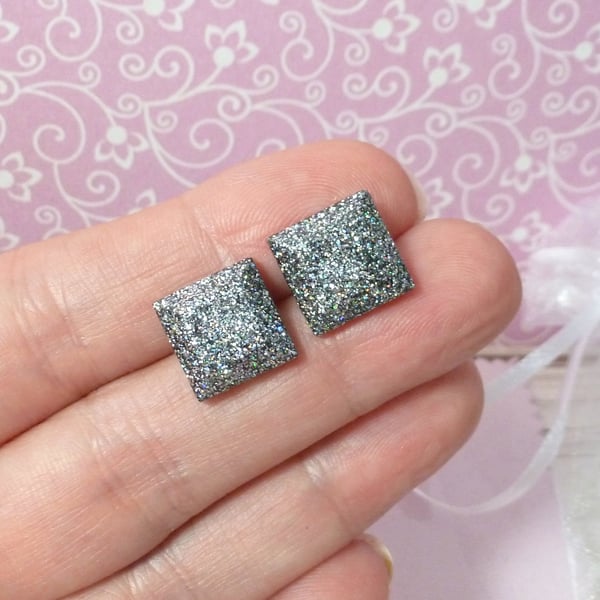 Silver holographic glitter square earrings, unusual geometric resin studs