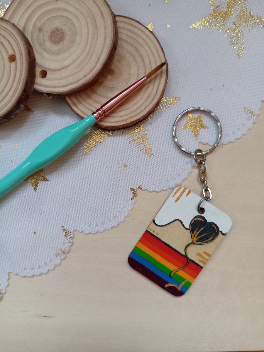 Wooden rectangular heart balloon rainbow keyring 