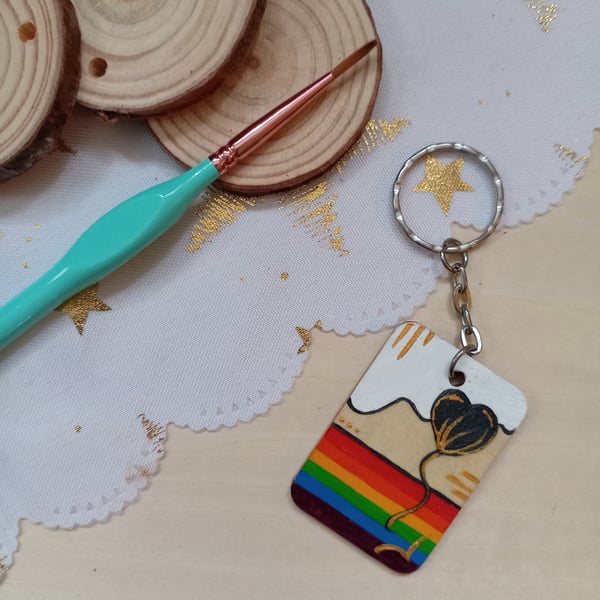 Wooden rectangular heart balloon rainbow keyring 