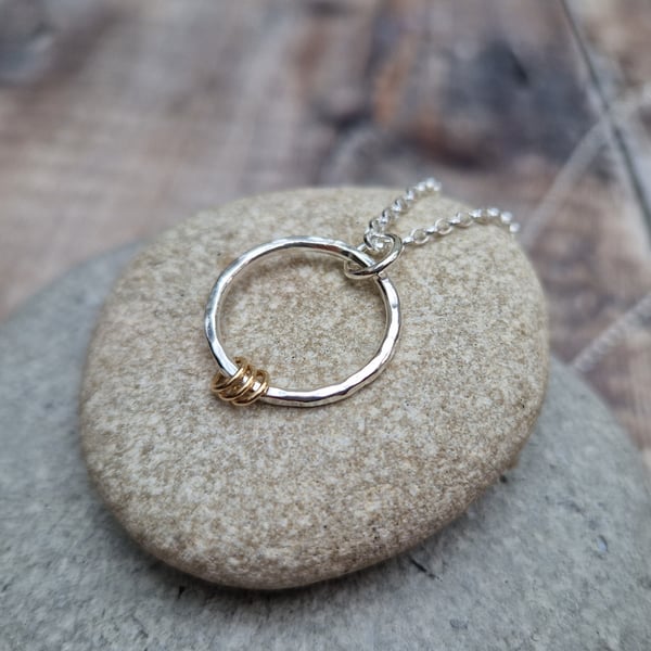Sterling Silver Circle Necklace with 3 Gold Rings, 3 Decades, 30th Birthday