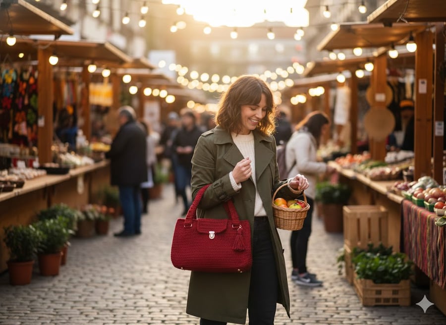 Handmade Crochet Handbag Red  Tote Bag Gold Hardware & Tassel Luxury Gift