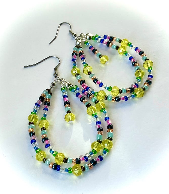 Multicoloured Glass Beaded Hooped Earrings