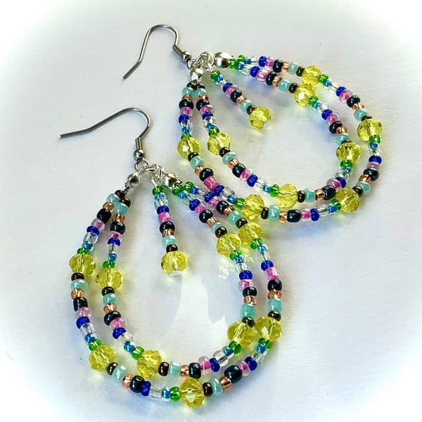 Multicoloured Glass Beaded Hooped Earrings