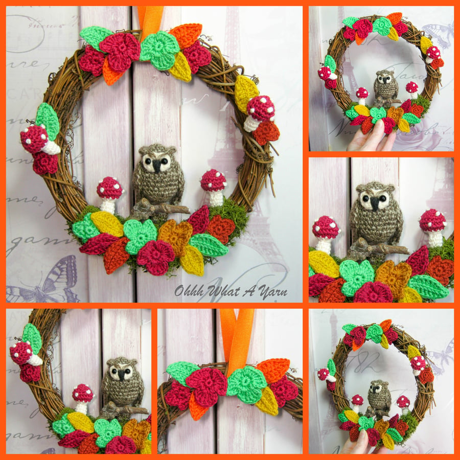 Crochet owl autumn wreath. Mixed media decorative wreath. Crochet wreath