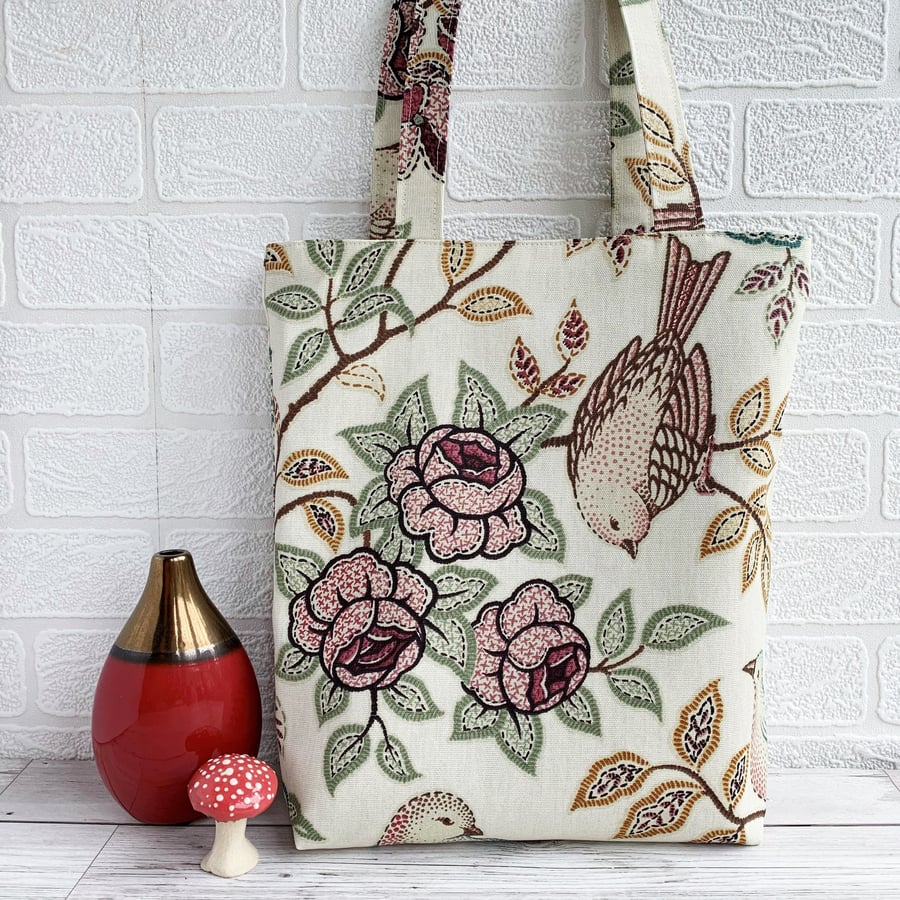 Bird and Floral Pattern Tote Bag