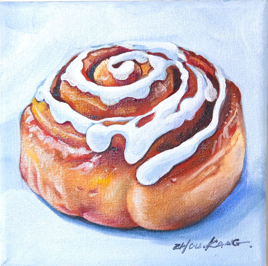 Cinnamon Bun Oil Painting – Original & Unframed – A Gift to Bring Smiles!