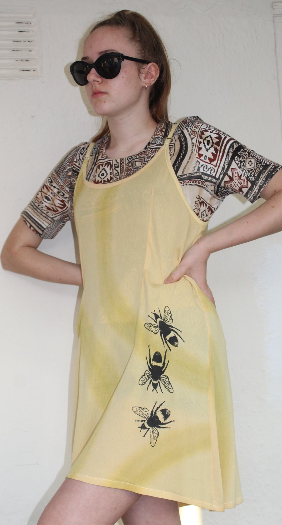 Vintage 90's Ladies yellow bee print strappy dress,Summer reworked Eco dress,