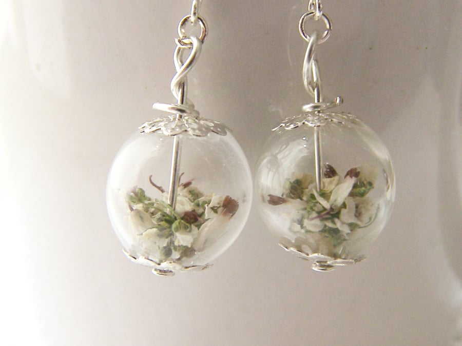 Lucky White Heather Earrings - Real Flower - Bridal Wedding Bridesmaid