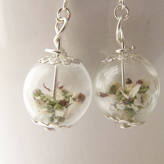 Lucky White Heather Earrings - Real Flower - Bridal Wedding Bridesmaid