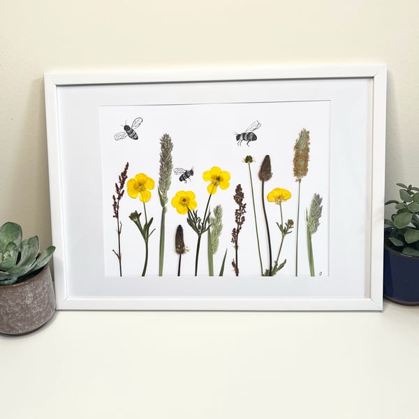 Real Pressed Flowers and Grasses, Hand Drawn Bees Original Framed Art