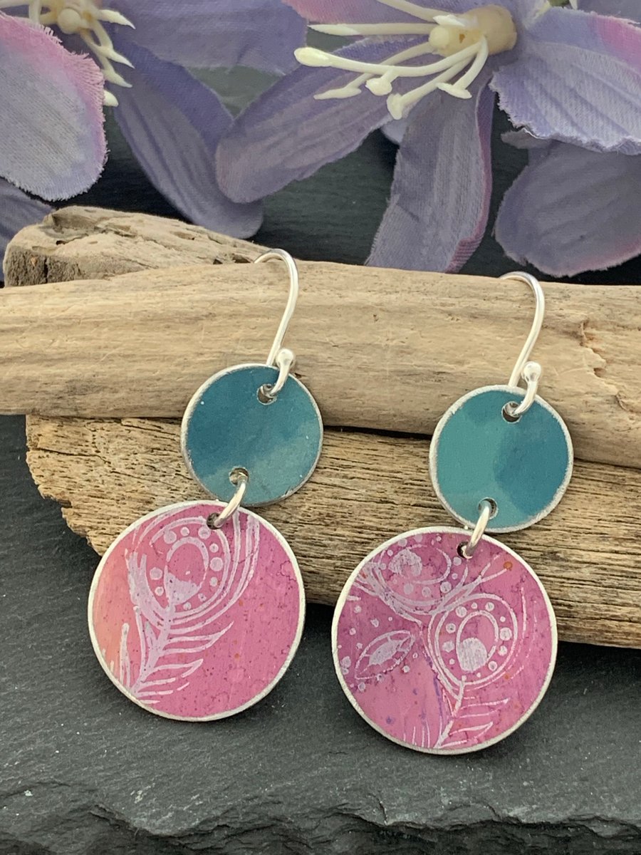 Printed Aluminium and sterling silver earrings - teal and lilac peacock print