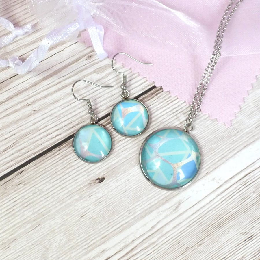 Shades of blue with holographic foil highlight necklace and earrings set