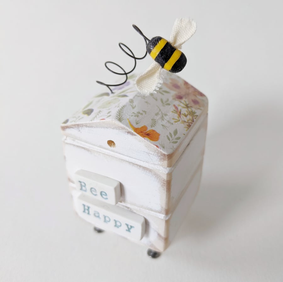 Wooden Beehive With Little Clay Bee 'Bee Happy'