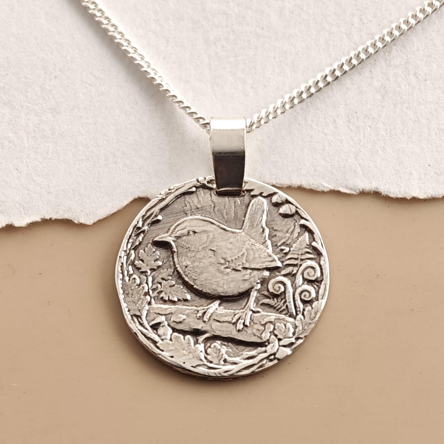 Wren Engraved Sterling Silver Coin Necklace