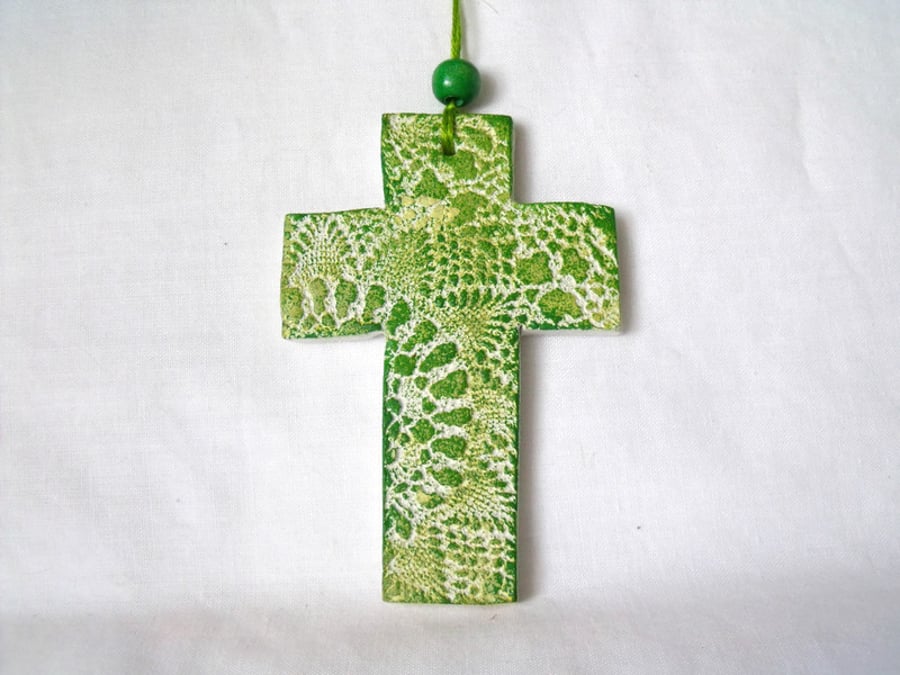 ceramic lace hanging cross decoration in green