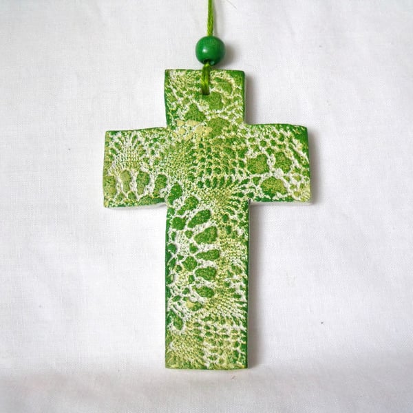 ceramic lace hanging cross decoration in green