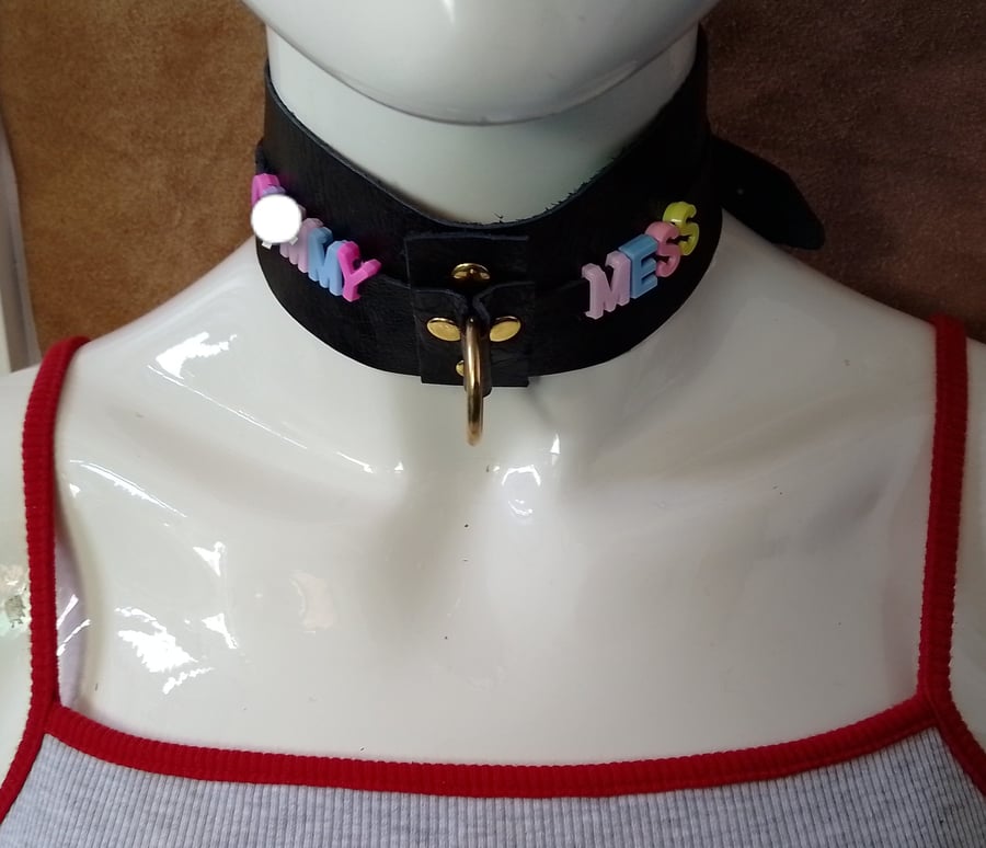 Black leather choker collar style colourful letters bdsm rude gothic emo c