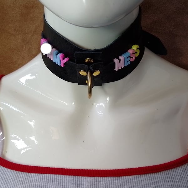 Black leather choker collar style colourful letters bdsm rude gothic emo c