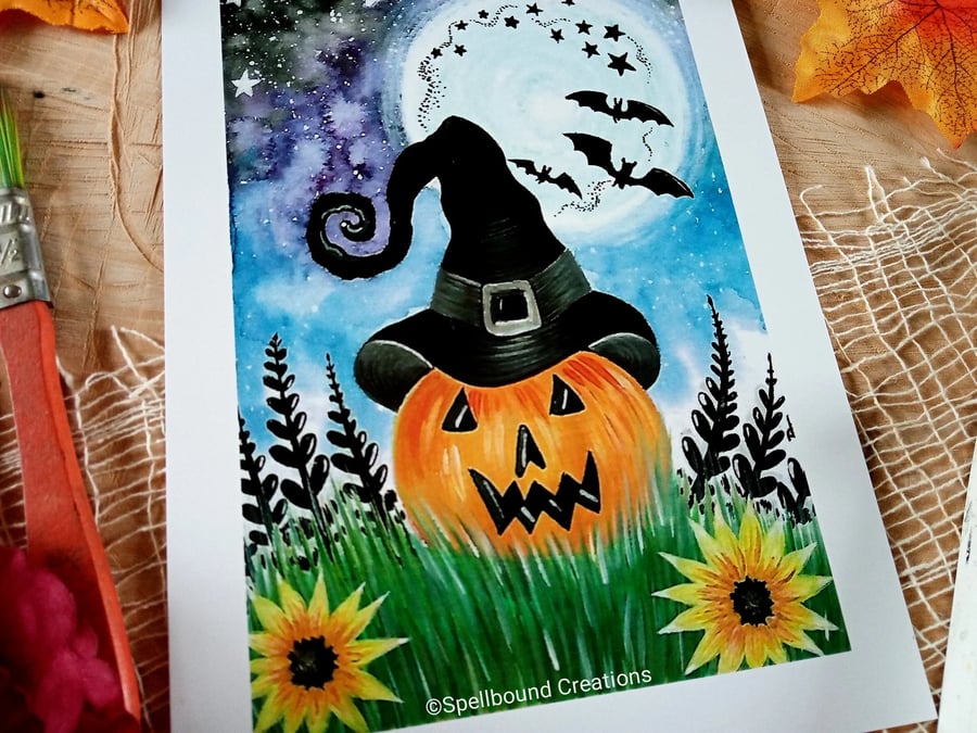 Pumpkin In Hat, Halloween, Spooky, A5, 350gsm, Quality Print, Original Artwork,