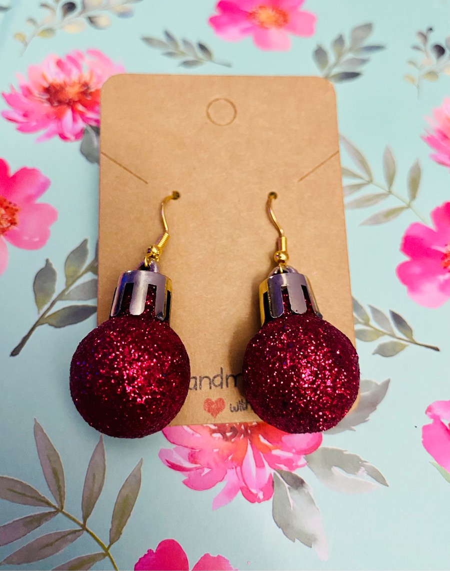 Glitter red Christmas bauble dangle earrings 