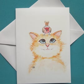 Kitty Cat and Bird Blank Card print. Gift for cat lovers 