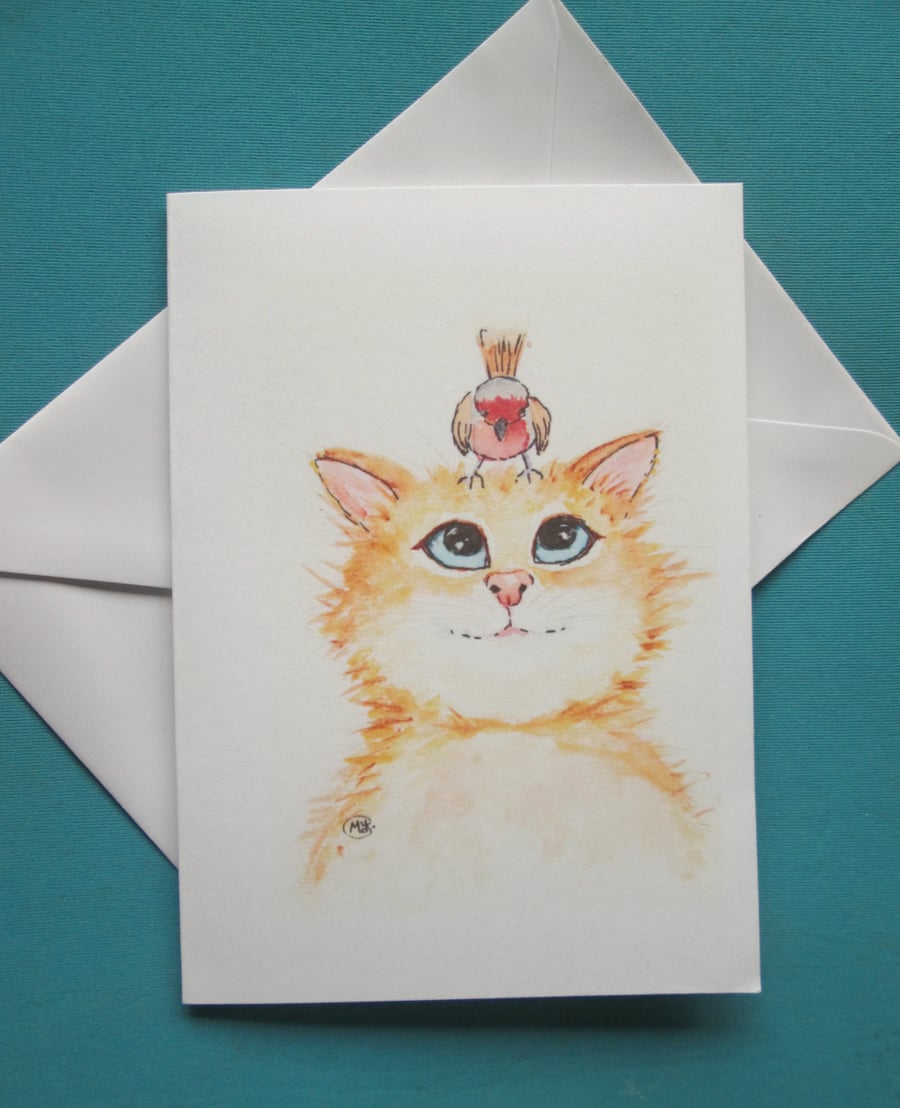 Kitty Cat and Bird Blank Card print. Gift for cat lovers 