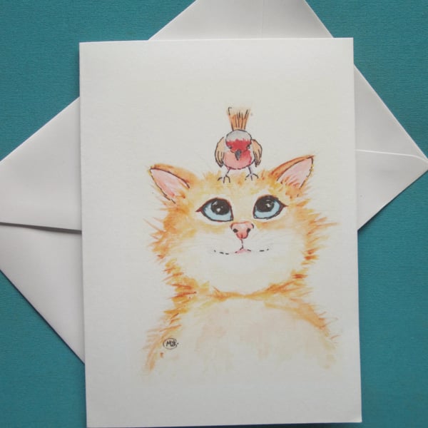 Kitty Cat and Bird Blank Card print. Gift for cat lovers 