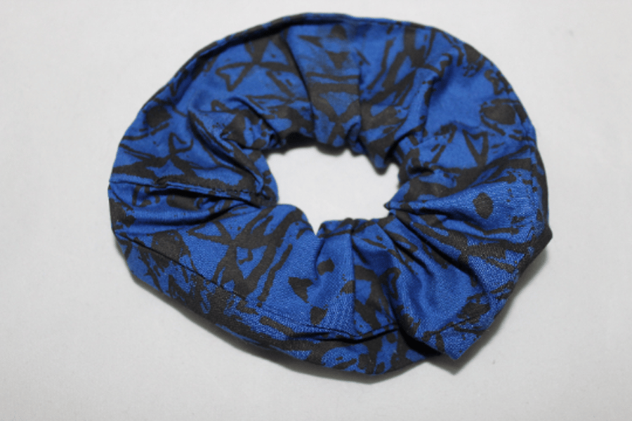 Elastic black & blue  scrunchie geometric hand print,Eco hair accessory,gift