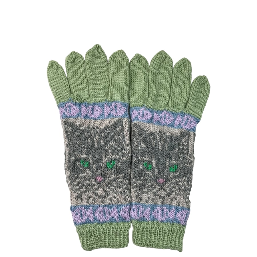  Gloves with cat hand knitted in merino wool, handmade gloves, cat lover gift
