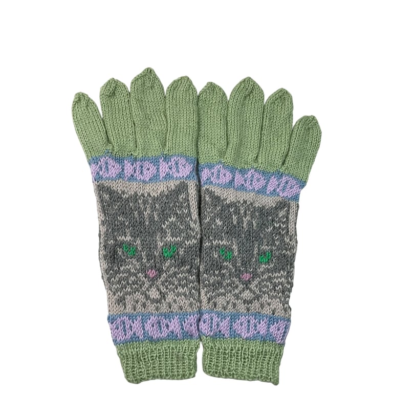  Gloves with cat hand knitted in merino wool, handmade gloves, cat lover gift