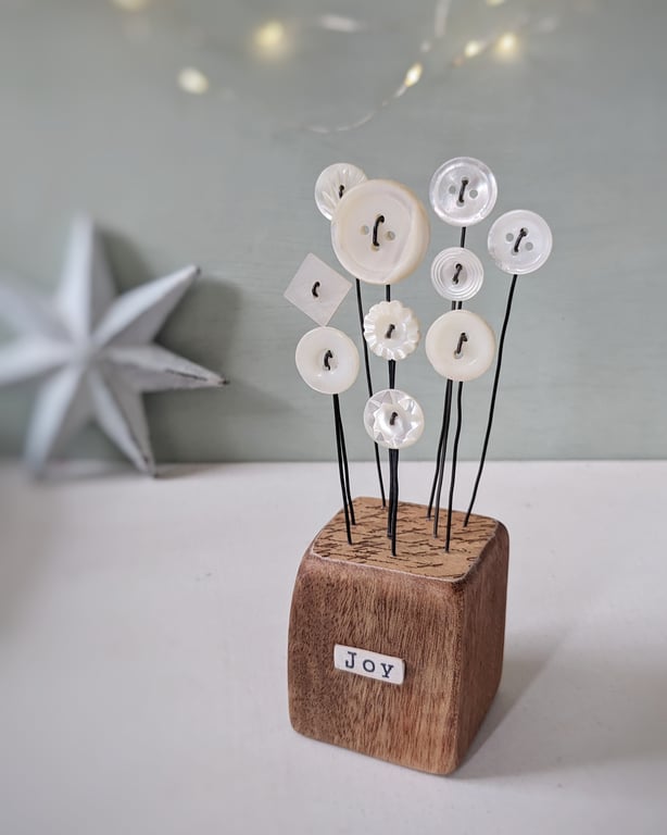 Mother of Pearl Buttons in a Wood Block 'Joy'
