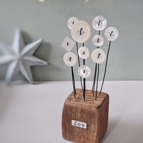 Mother of Pearl Buttons in a Wood Block 'Joy'