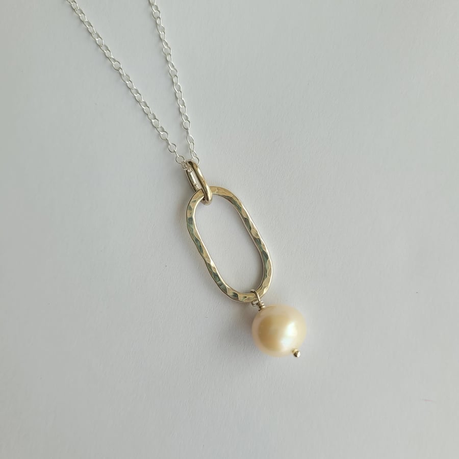 Silver and Pearl Pendant Necklace, Recycled Silver Oval Chain Link