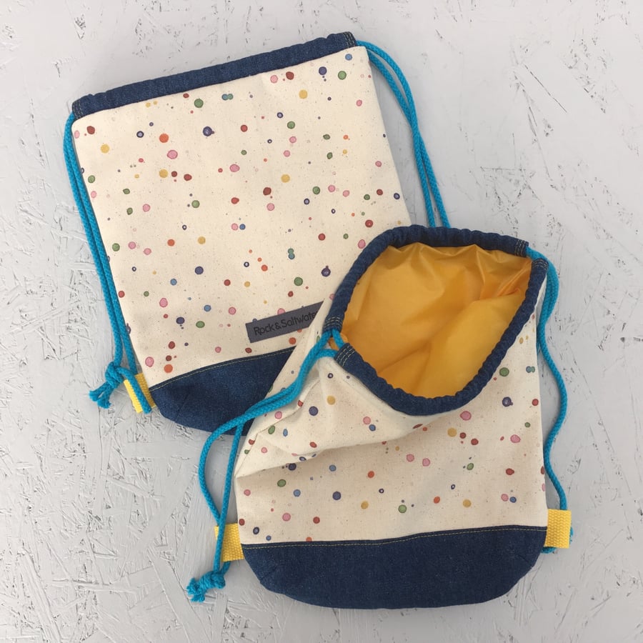Toddler drawstring backpack duffle bag - splashproof lined, handmade