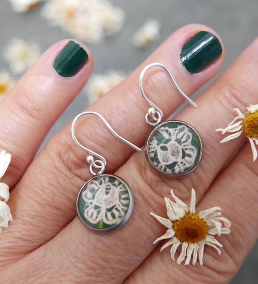 Lace Floral Dangle Earrings, Mixed Media Art Jewellery, Doily Flower