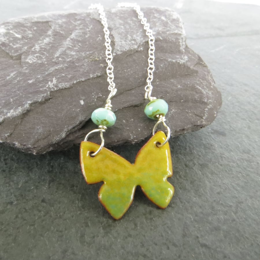 Butterfly Necklace, Yellow Enamelled Pendant, Sterling Silver Chain