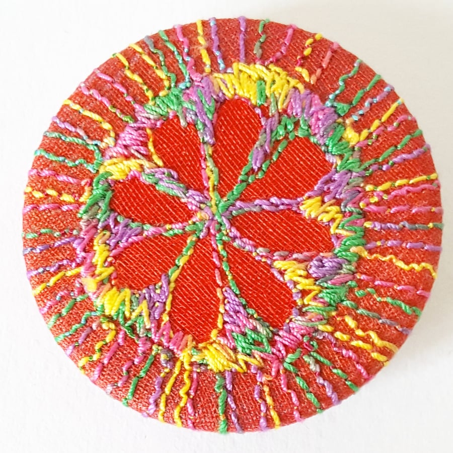 38mm Fabric Flower Badge with Free Machine Embroidery 